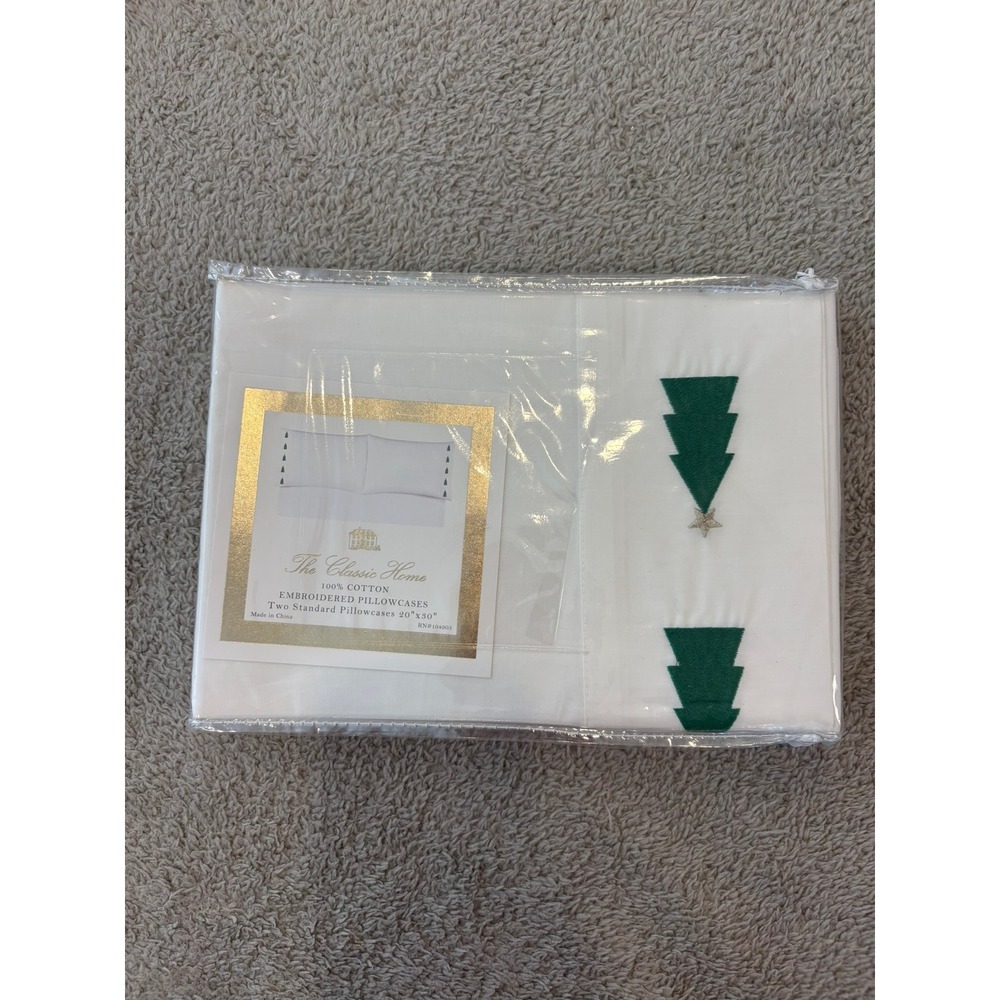 The Classic Home White Cotton Christmas Tree Embroidered Pillowcases Set of 2